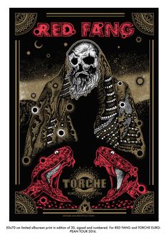 a red fang poster with two snakes in the foreground and an image of a demon on