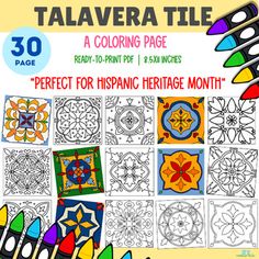 Talavera Tile Coloring Pages | Hispanic Heritage Month Activity Celebrate Hispanic Heritage Month with these beautiful Talavera Tile Coloring Pages! This set features 30 unique designs inspired by traditional Mexican Talavera tiles, perfect for art projects, cultural lessons, and creative classroom activities.30 different Talavera tile designs (No duplicates)Ready-to-print pages (8.5 x 11 inches)Ideal for Hispanic Heritage Month celebrations, Mexican culture studies, or traditional art lessonsGreat for classroom decorations, art assignments, or cultural learning activitiesSuitable for all agesperfect for both kids and adults who enjoy intricate coloring designsThese Talavera Tile Coloring Pages are a fantastic way to teach students about Mexican heritage while engaging them in a relaxing a Culture Studies, Hispanic Heritage Month Activities, Mexican Talavera Tile, Art Assignments, Talavera Tile, Mexican Heritage, Talavera Tiles, Mexican Talavera, Hispanic Heritage Month