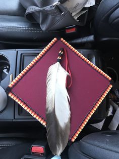 a car seat cushion with a feather on it