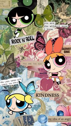 the powerpuff girls collage with many different things on it's face