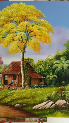 a painting of a house in the middle of a forest with people sitting under a tree