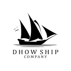 a black and white logo with a boat on it's side, that says dhow ship company