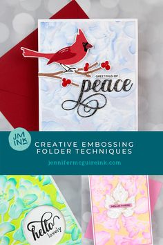 some cards with the words creative embossing on them and an envelope that says peace