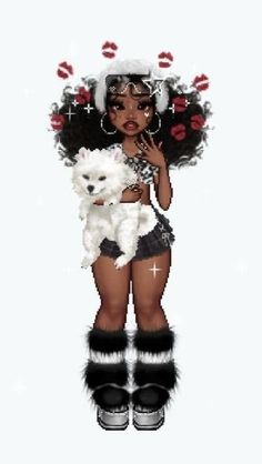 a woman holding a white teddy bear in her hands and wearing black boots with red lipstick on