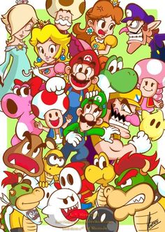 an image of mario and friends from the video game super mario bros, with many other characters