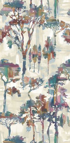 an abstract painting with trees and buildings in the background