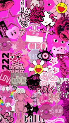 a collage of pink and black stickers