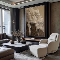 a living room filled with furniture and a painting on the wall