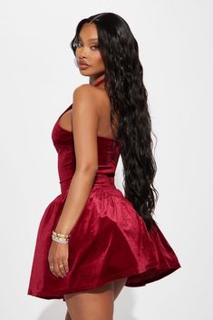 Available In Black And Wine. Velvet Mini Dress Scoop neckline Halter Backless Back zipper Stretch Length = 32" Shell: 95% polyester 5% Spandex Lining 1& 2: 100% Polyester Imported | Dreamy Nights Velvet Mini Dress in Wine size Small by Fashion Nova Burgundy Dress Black Women, Red Birthday Dress, Rose Mini Dress, Wine Dress, Velvet Mini Dress, Mini Velvet Dress, Scoop Neckline, Red Roses, Fashion Nova