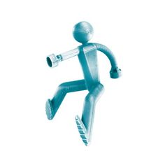 a blue plastic figure is running with an object in his hand