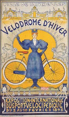 an old poster with a woman on a bicycle in front of a yellow and blue background