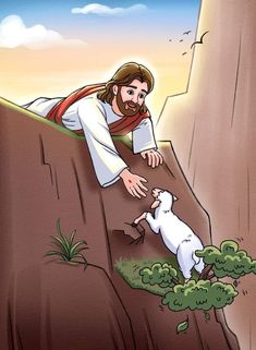 jesus is climbing up the side of a mountain to reach his dog's head