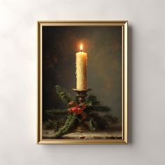 a painting of a lit candle on top of a christmas tree with pine cones and berries