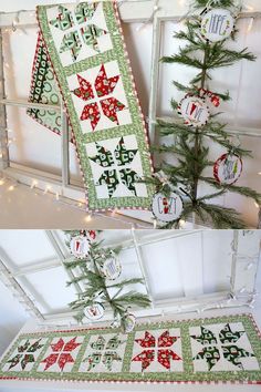 two pictures of christmas decorations hanging from the ceiling