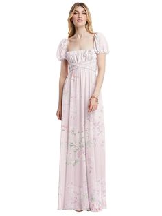 Regency Empire Waist Puff Sleeve Chiffon Maxi Bridesmaid Dress In Watercolor Print | The Dessy Group Empire Waist Evening Gown, Empire Waist Dress Prom, Plus Size Empire Waist Dress, Modern Regency Fashion, Empire Waist Dress Formal, Empire Waist Homecoming Dress, Detailed Cosplay, Bridgerton Diy, Colour Picnic