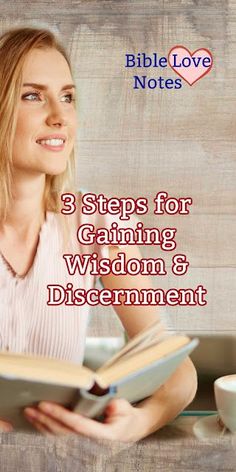 a woman reading a book with the title 3 steps for gaming, wisdom and discernment