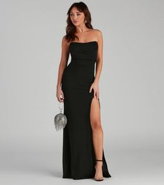 Embrace the timeless beauty of this strapless crepe formal dress with an alluring high-side slit and corset bodice. The ruched details at the side artfully wrap around the waist to help accentuate an hourglass figure that flows gracefully to the floor.Fit & FeaturesCrepe fabric, moderate stretchStrapless necklineFaux wrap-front overlay, front boning detailBack zipper closureHigh waist seamFloor-length, slim fit with a high front slitRuns true to size Formal Dress Black, Corset Bodice, Sequin Prom Dresses, Green Prom Dress, Satin Prom Dress, Pink Prom Dresses, Glitter Dress, Black Prom Dresses, Short Mini Dress