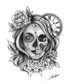 a woman's face with flowers and a clock on her forehead is drawn in black ink