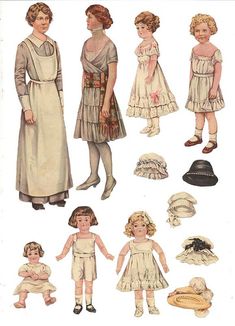 children's dresses and hats from the early 1900's are shown in this illustration