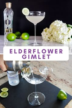 the elderflower gimlet is being poured into a martini glass with limes around it