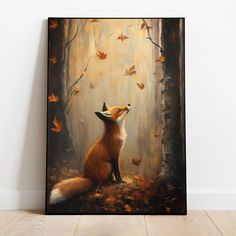 a painting of a fox sitting in the woods looking up at leaves falling from trees