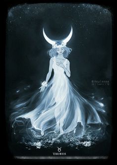 a woman in a white dress with a crescent moon on her head is walking through the water