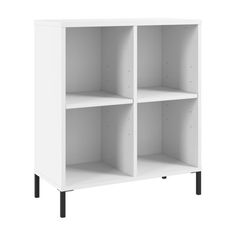 a white bookcase with three shelves on one side and two black legs in the other