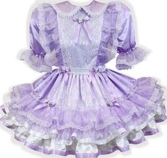 "♥Tara♥ CUSTOM MADE TO FIT YOU Handmade in the USA by Leanne's Pretty Dresses  Dress Details: *Made from lavender charmeuse satin, lace, and sparkle organza *Lace edged peter pan collars *Lavender ribbon bows with rosettes *Attached white satin sash *Elasticized sleeve ends for best fit *Full gathered skirt trimmed with ruffles *22\" back zipper closure *Displayed over a mini hoop skirt which is not included *Please allow between 4-8 weeks for delivery *Note: Actual fabric shade, lace pattern style and size, and other trims may vary slightly from the pictures Your measurements are needed for this item CLICK HERE for \"How to Measure\" info and to send your measurements For important ordering information and all the details CLICK HERE" Lavender Victorian Dress, Lavender Tiered Ruffle Skirt, Lavender Ruffled Mini Dress, Princess Style Tutu Dress With Lace Trim For Dress-up, Purple Fairy Kei Dress With Ruffles, Square Dance Dresses, Hoop Skirt, Maid Outfit, Frilly Dresses