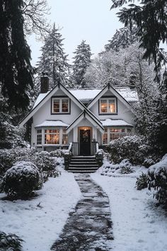 White Cottage House, Architect Ideas, Pitch Roof, Brick Chimney, Snowed In, Suburban House