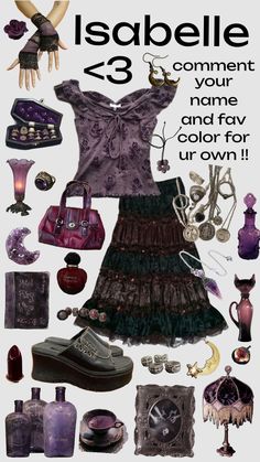 for @izzy_wills <3 comment ur name and fav color for an outfit based on it !! #whimsigoth #purple #comment #outfit #isabelle #izzy #skirt #witch #spells #alternative #personalized #rings Girly Goth Outfits, Outfits Whimsigoth, Izzy Skirt, Whimsi Goth, Modern Witch Outfit, Colorful Goth, Thrift Manifestation, Purple Collage, Girly Goth