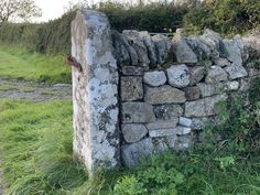 an old stone wall with moss growing on it and weeds growing up the side, in front of a grassy field