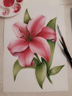 a drawing of a pink flower on paper next to a paintbrush and watercolor paints