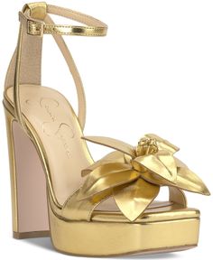 in stock Gold Flower Heels, Michael Kors Coats, Prom 2025, Flower Heels, Jessica Simpson Heels, Prom Inspo, Tv Fashion, Sneaker Dress Shoes, Gold Shoes