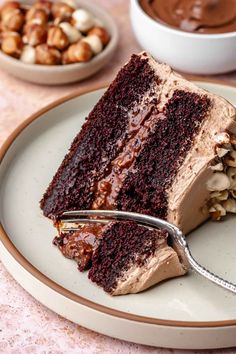 a piece of chocolate cake on a plate with a fork and bowl of nuts in the background