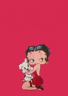 a woman in red dress holding a small white dog on pink background with text that reads,