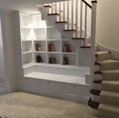 there is a book shelf under the stairs