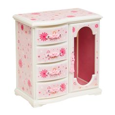 a pink and white wooden toy chest with flowers on the front, doors and drawers