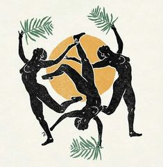 three men are dancing in front of an orange circle with palm leaves and pine branches