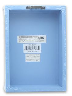 an empty blue plastic box with a barcode on the front and back of it