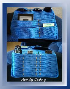 a crocheted blue purse with buttons on it