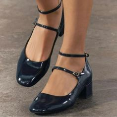 Mary Jane Style Shoes With Faux Patent Leather. Block Heels. Double Strap Closure. Heel Height: 1.6 Inches (4 Cm) Blue Navy Blue Mary Janes, Blue Mary Janes Outfit, French Shoes Style, Mary Janes Aesthetic, Blue Mary Janes, Hope Core, Gilmore Girls Fashion, Blue Mary, Mary Jane Shoes Heels