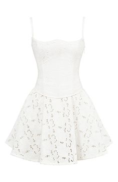 Dress up for date night in this lace-back mini shaped by a romantic corseted bodice and designed with embroidered eyelets in a dainty floral pattern. Exclusive retailer Adjustable back tie closure Sweetheart neck Adjustable straps Lined 100% cotton with 65% cotton, 32% nylon, 3% elastane contrast Dry clean or hand wash, line dry Imported Country Vibes, Embroidered Mini Dress, Date Night In, Cloud Dancer, Fashion Collage, House Of Cb, Sweetheart Neck, Lace Back, Dress And Heels