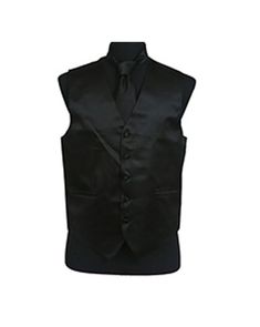 This solid satin vest gives you a modern look that really pops, complete with an adjustable strap in back for just the right fit. Matching tie, bowtie, and pocket square included. Details: Five-button closure, full back, adjustable back strap. Fit: Regular Fit - fits true to sizeCare: Dry CleanMaterial: Crafted from a Fitted Sleeveless Vest With Ties, Classic Fitted Vest With Ties, Elegant Formal Vest With Ties, Classic Formal Vest With Ties, Sleeveless Tuxedo Vest For Formal Events, Formal Tuxedo Style Sleeveless Vest, Formal Tuxedo Style Vest, Classic Black Vest For Party, Elegant Satin Vest For Formal Occasions