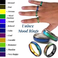 Unisex Emotion Color Changing Mood Ring This Beautiful Ring Has A Simplistic Design, But Is Loaded With Color And Creativity. The Colors Change From Black, To Brown, To Purple, To Yellow, To Green, To Blue And Many Shades In Between. Your Mood And Temperature Controls The Color. Wear This On Your Finger, Or On A Cord Around Neck. These Bands Look Great On Men And Women. A Romantic Gift For Your Boyfriend Or Girlfriend, And A Fun Gift For A Friend! This Listing Is For One Ring, Choose Your Color Mood Ring Color Chart, Mood Ring Color Meanings, Mood Ring Colors, Drawing Chibi, Color Changing Ring, Mood Rings, Valentines Birthday, Gift For Your Boyfriend, Green To Blue