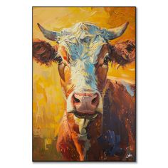 a painting of a cow with horns on it's head, in front of an orange and yellow background