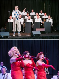 two pictures of women in red dresses and men in white are performing on stage with microphones