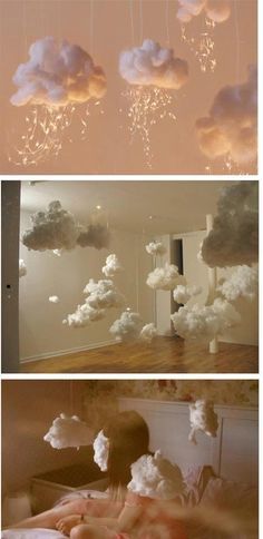 there are clouds floating in the air over a wood floor