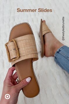 Slide into summer hangouts with sandals that are easy-breezy & totally comfy. The woven band & statement buckle are showstoppers—they’ll become your go-to open-toe flats. Summer Slides, Italy Outfits, Womens Summer Shoes, Swag Shoes, Fabulous Shoes, Easy Breezy, Sandals Summer, Summer Shoes