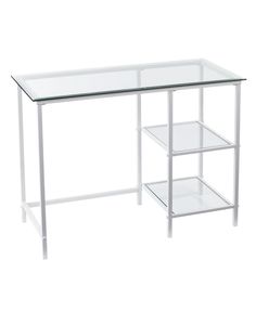 a glass and metal desk with shelves underneath