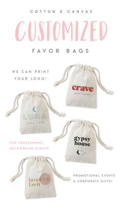 three bags with the words customized in different font and colors, on top of each other